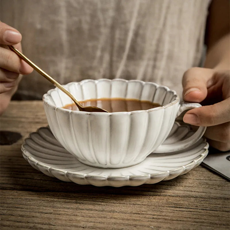 Ceramic Mug with Saucer Set, Drinkware, Coffee Cup, Original Breakfast Cups, Beautiful Tea Cups, Cute Mugs, 220Ml, 2Pcs, Set
